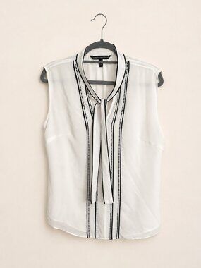 White House Black Market Ivory Black Tie Neck Blouse Size 10
